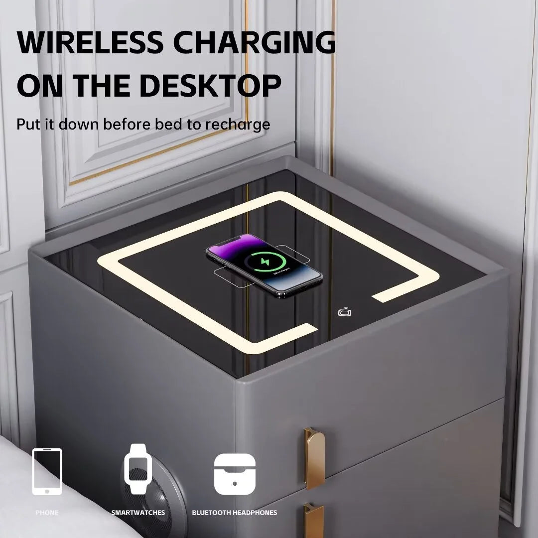 ✨Smart bedside table with speaker and wireless USB charging three-color LED light bedside table, double drawer bedroom bedside table with hidden safe