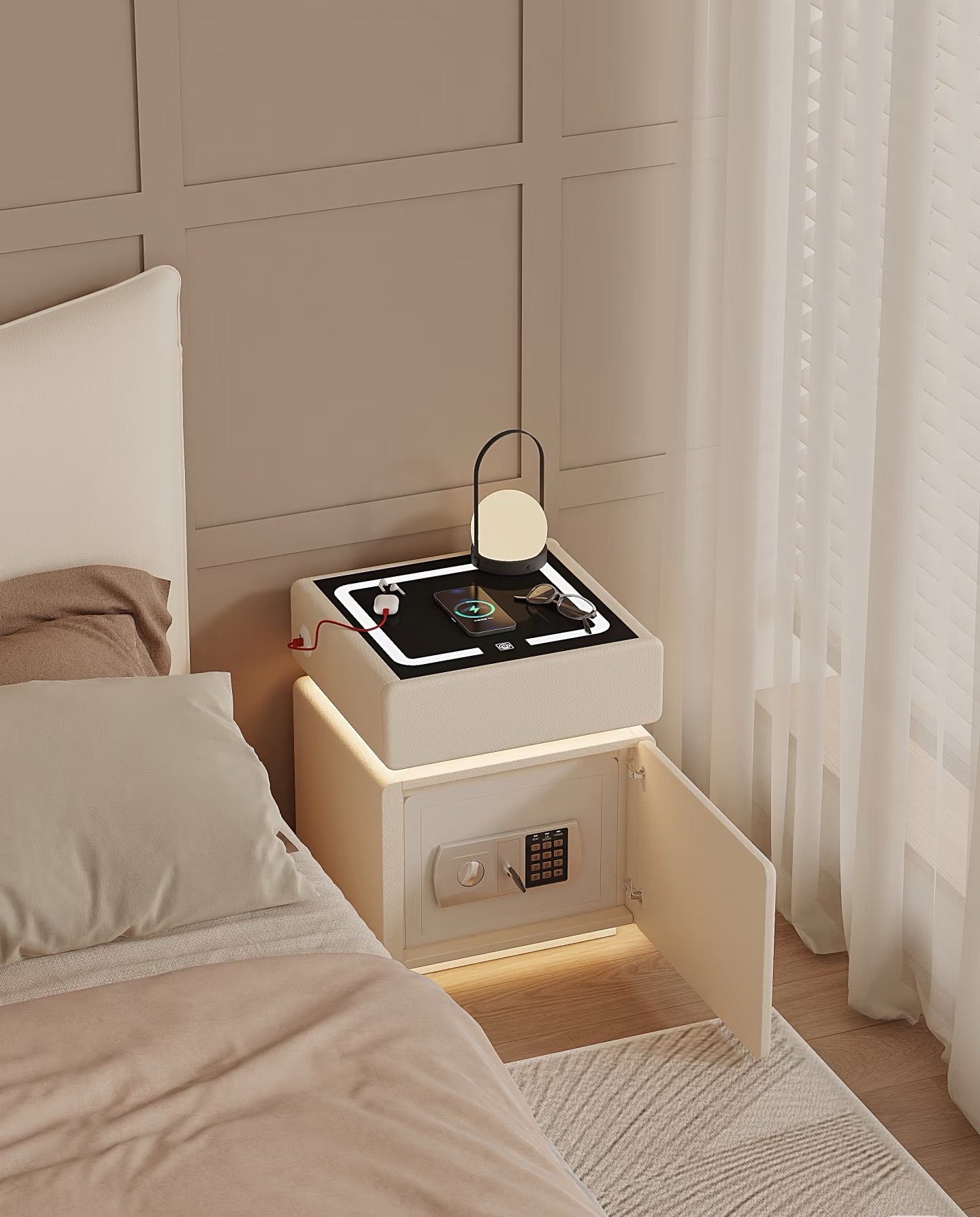 💥Smart bedside table with wireless charging, USB port, safe, and smart speaker; also features voice-controlled lighting.