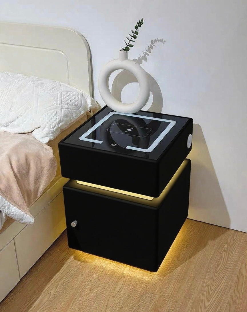 💥Smart bedside table with wireless charging, USB port, safe, and smart speaker; also features voice-controlled lighting.