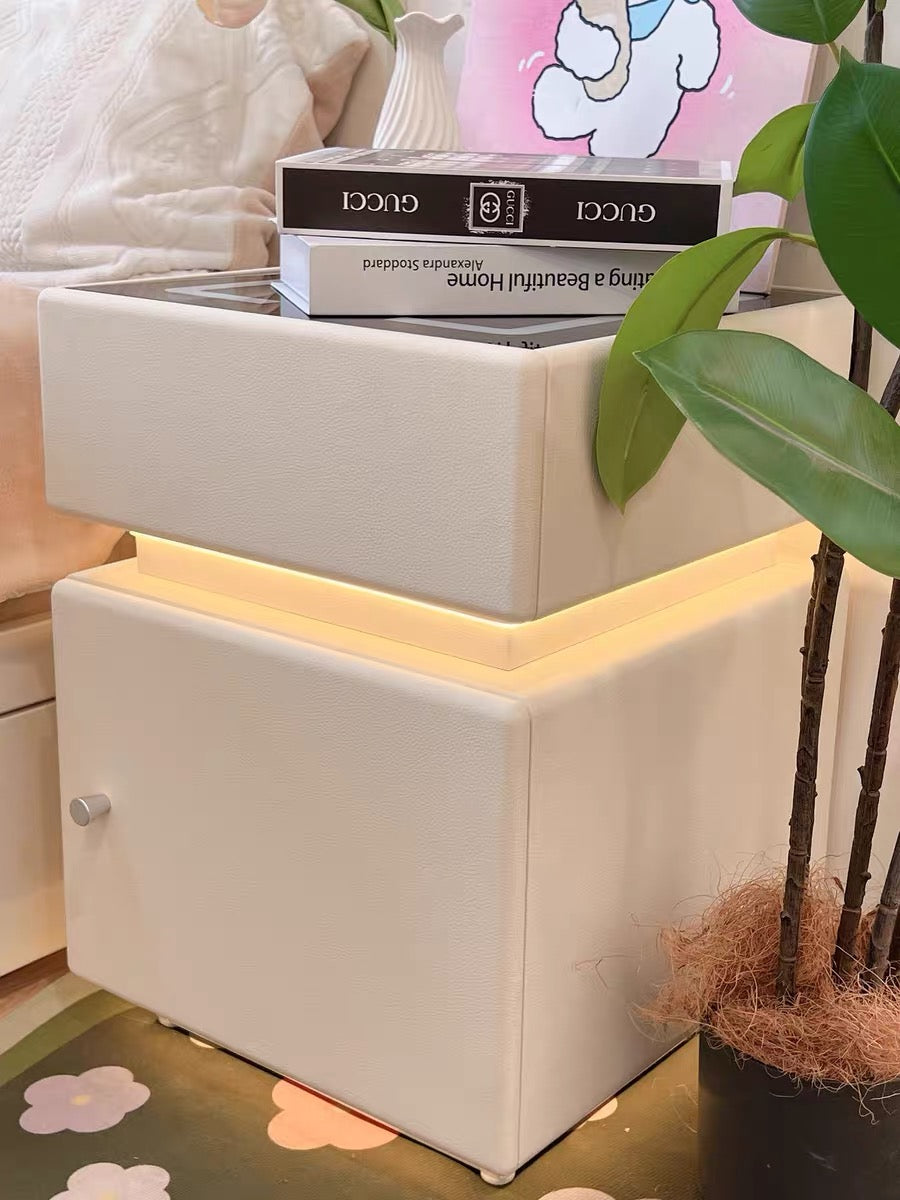 💥Smart bedside table with wireless charging, USB port, safe, and smart speaker; also features voice-controlled lighting.