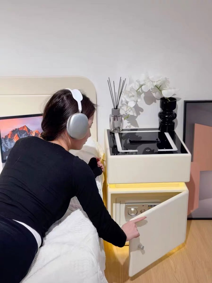 💥Smart bedside table with wireless charging, USB port, safe, and smart speaker; also features voice-controlled lighting.
