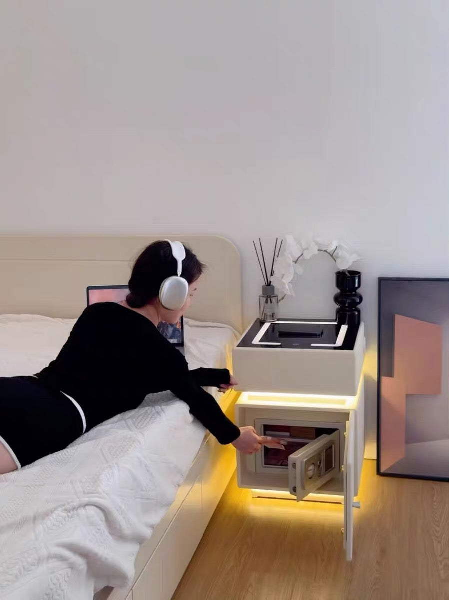 💥Smart bedside table with wireless charging, USB port, safe, and smart speaker; also features voice-controlled lighting.