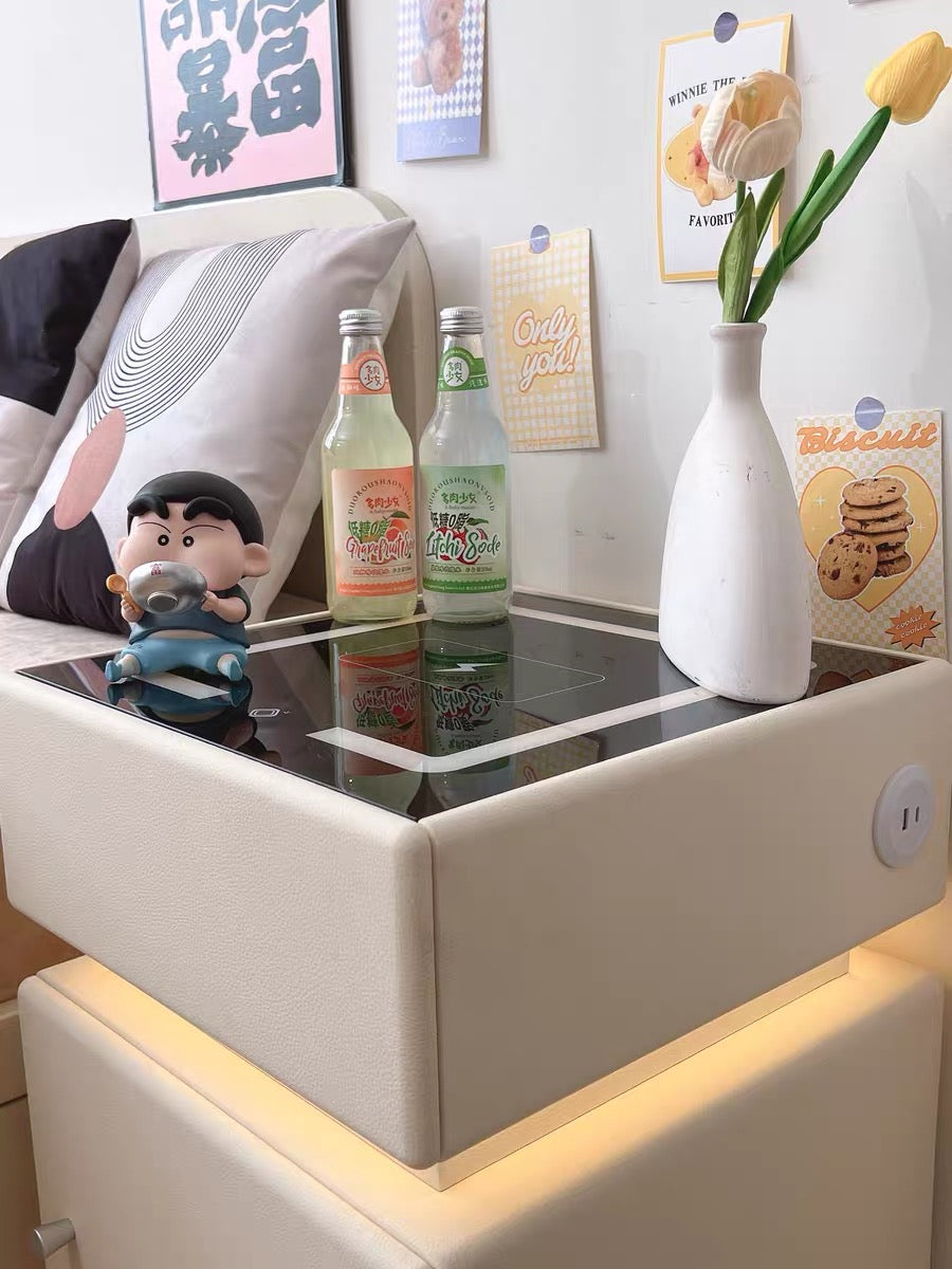 💥Smart bedside table with wireless charging, USB port, safe, and smart speaker; also features voice-controlled lighting.
