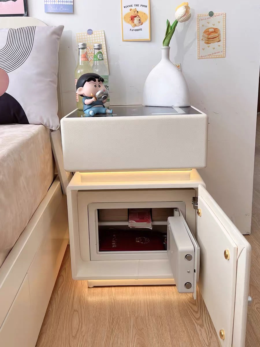 💥Smart bedside table with wireless charging, USB port, safe, and smart speaker; also features voice-controlled lighting.
