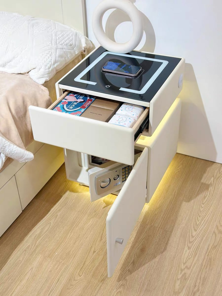 💥Smart bedside table with wireless charging, USB port, safe, and smart speaker; also features voice-controlled lighting.