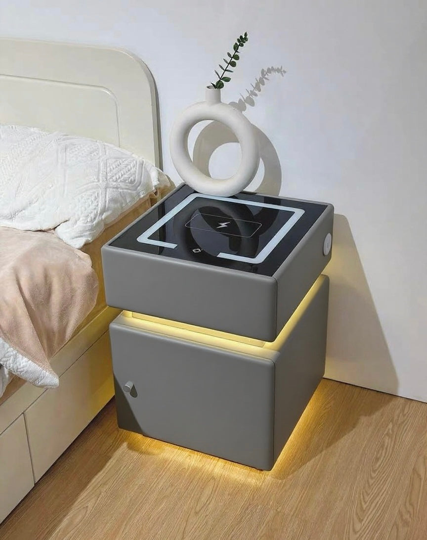 💥Smart bedside table with wireless charging, USB port, safe, and smart speaker; also features voice-controlled lighting.