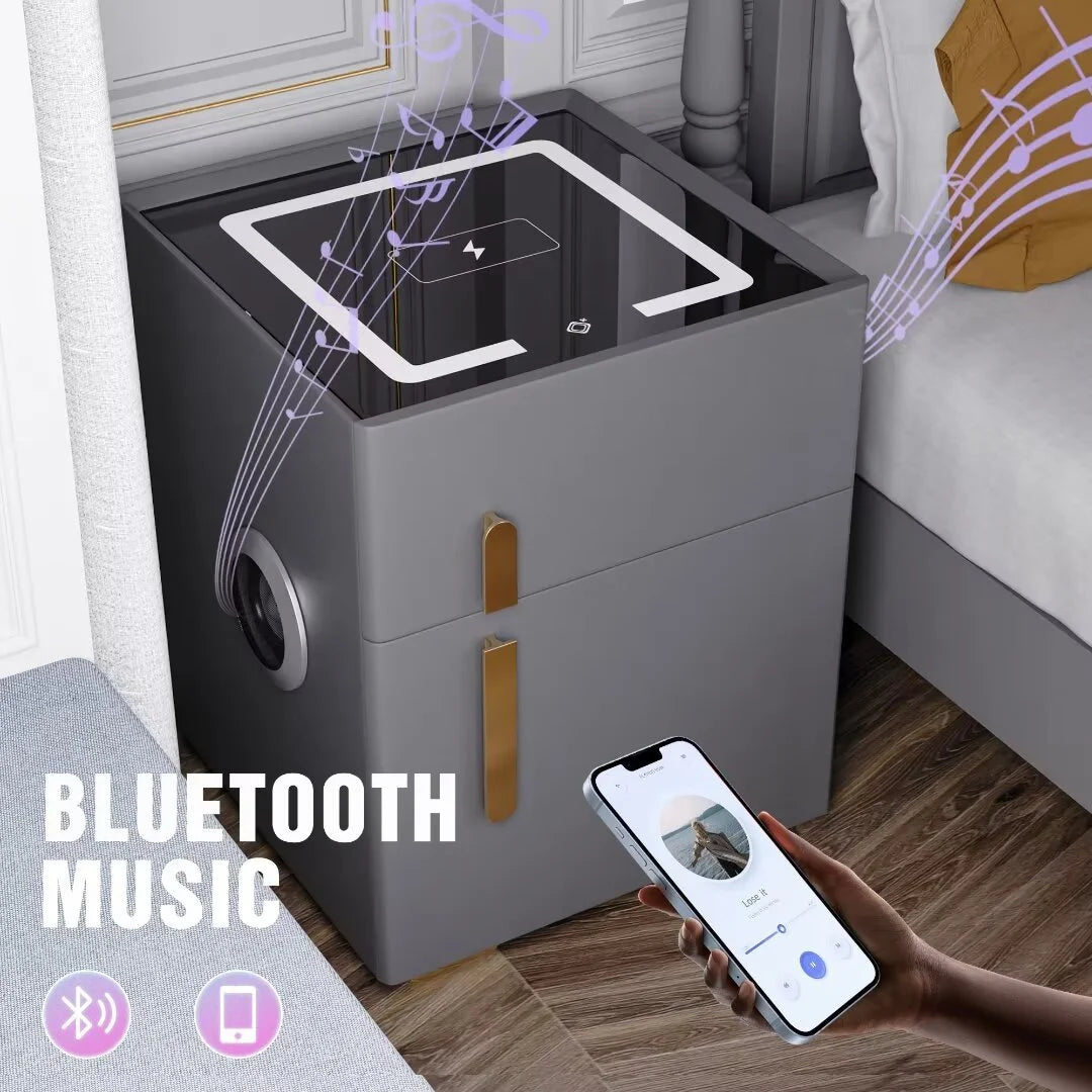✨Smart bedside table with speaker and wireless USB charging three-color LED light bedside table, double drawer bedroom bedside table with hidden safe