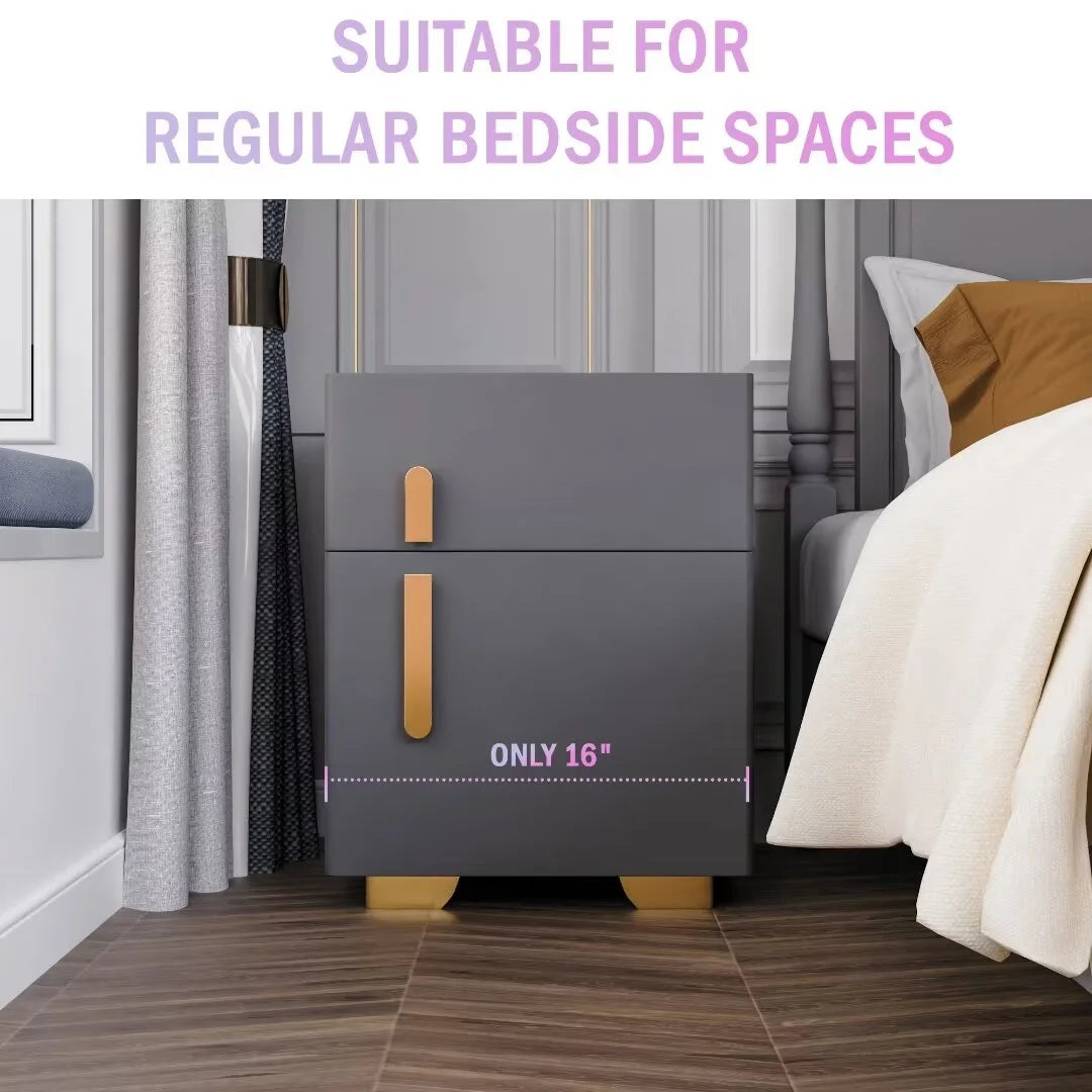 ✨Smart bedside table with speaker and wireless USB charging three-color LED light bedside table, double drawer bedroom bedside table with hidden safe