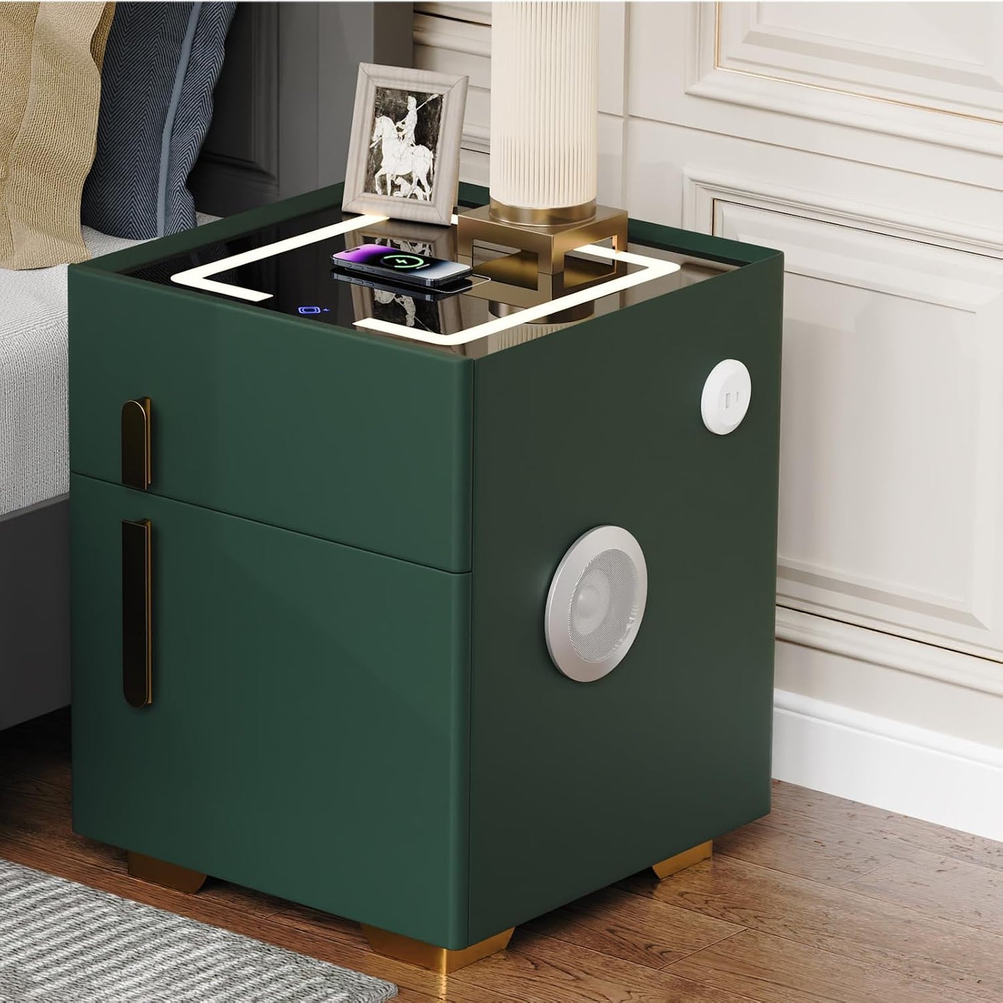 ✨Smart bedside table with speaker and wireless USB charging three-color LED light bedside table, double drawer bedroom bedside table with hidden safe