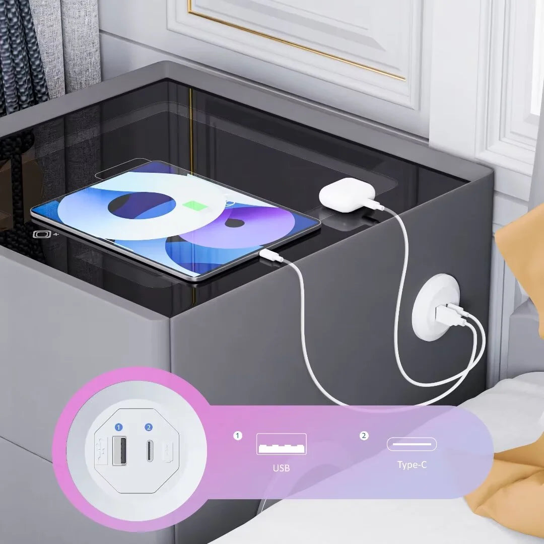 ✨Smart bedside table with speaker and wireless USB charging three-color LED light bedside table, double drawer bedroom bedside table with hidden safe