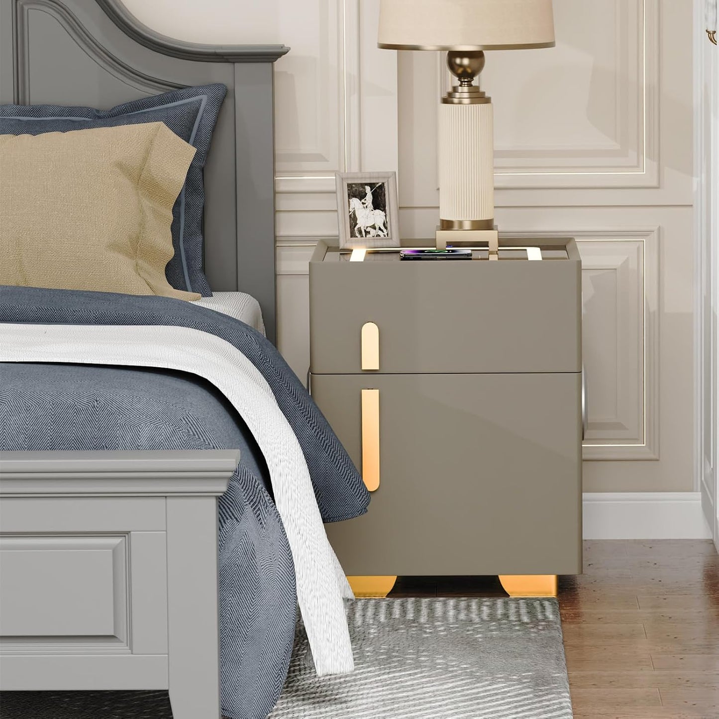 ✨Smart bedside table with speaker and wireless USB charging three-color LED light bedside table, double drawer bedroom bedside table with hidden safe