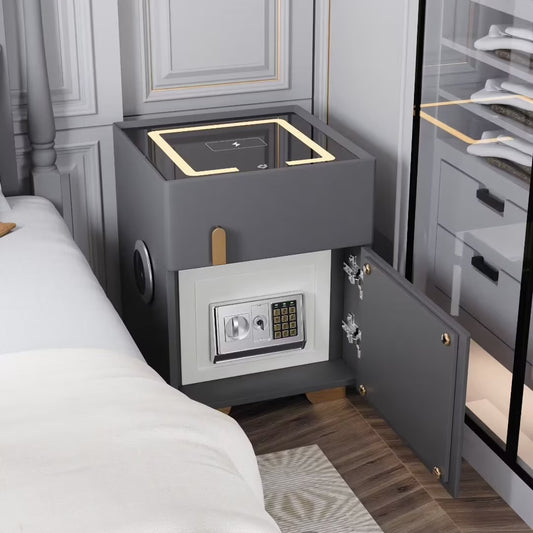 ✨Smart bedside table with speaker and wireless USB charging three-color LED light bedside table, double drawer bedroom bedside table with hidden safe