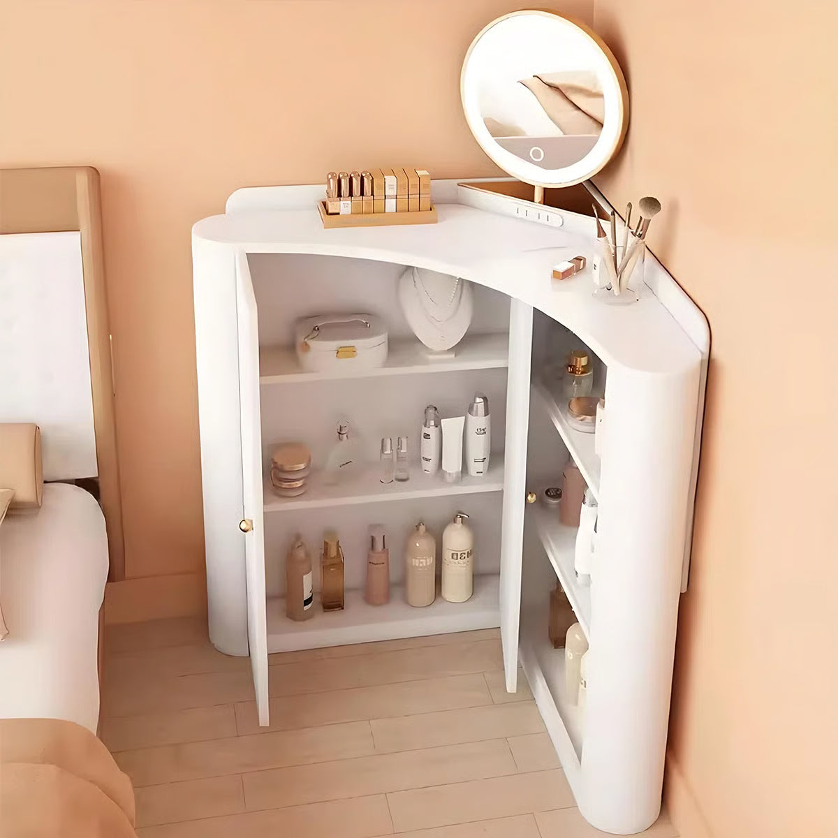 ✨Corner dressing table with mirror, adjustable lighting in 3 brightness settings, a set of drawers, a cabinet and an upholstered stool