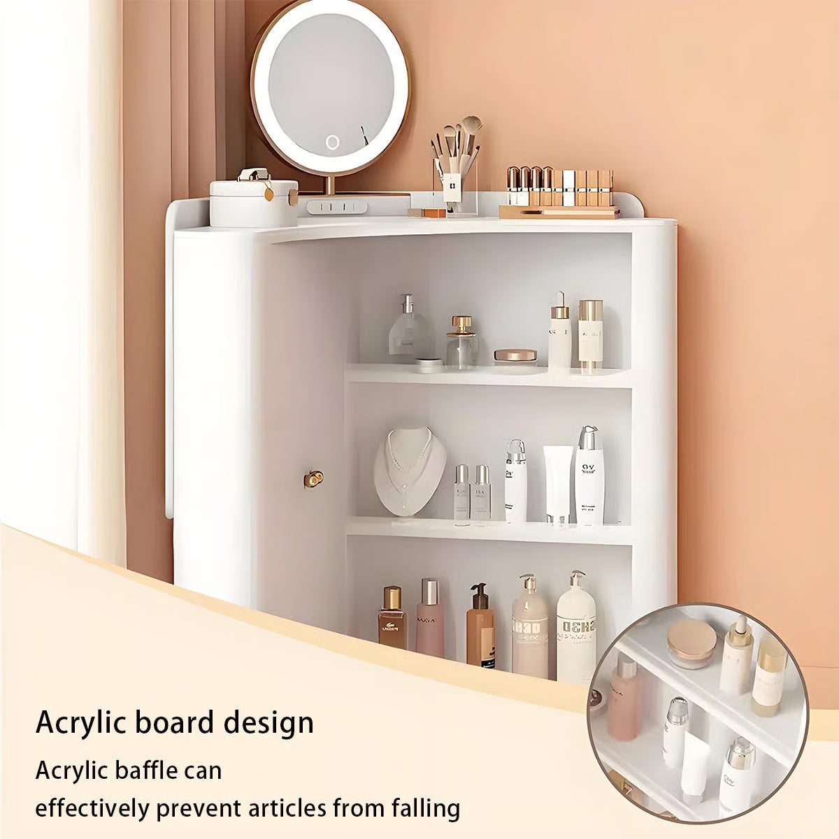 ✨Corner dressing table with mirror, adjustable lighting in 3 brightness settings, a set of drawers, a cabinet and an upholstered stool