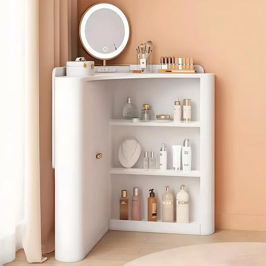✨Corner dressing table with mirror, adjustable lighting in 3 brightness settings, a set of drawers, a cabinet and an upholstered stool