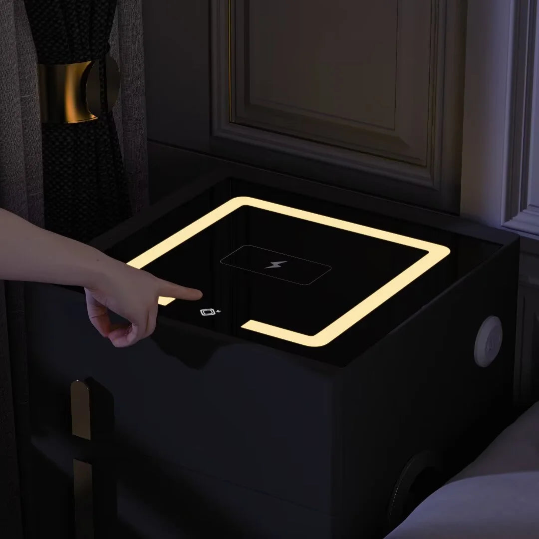 ✨Smart bedside table with speaker and wireless USB charging three-color LED light bedside table, double drawer bedroom bedside table with hidden safe