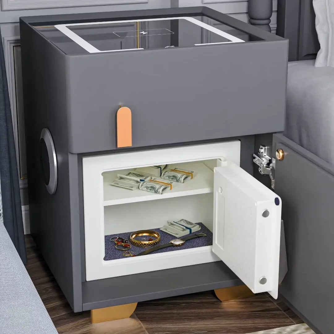 ✨Smart bedside table with speaker and wireless USB charging three-color LED light bedside table, double drawer bedroom bedside table with hidden safe