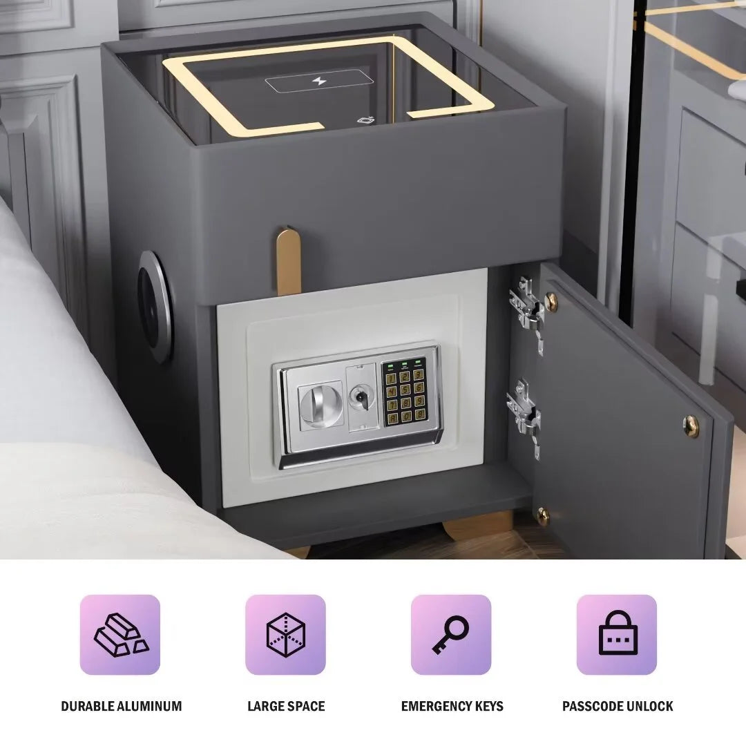 ✨Smart bedside table with speaker and wireless USB charging three-color LED light bedside table, double drawer bedroom bedside table with hidden safe