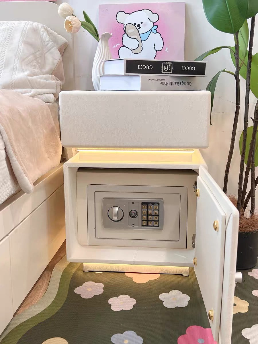 💥Smart bedside table with wireless charging, USB port, safe, and smart speaker; also features voice-controlled lighting.