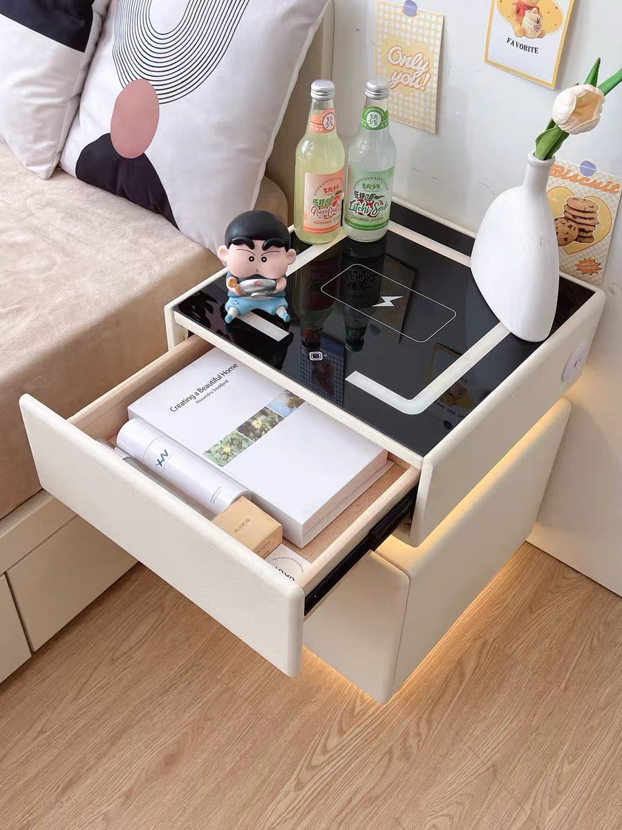 💥Smart bedside table with wireless charging, USB port, safe, and smart speaker; also features voice-controlled lighting.