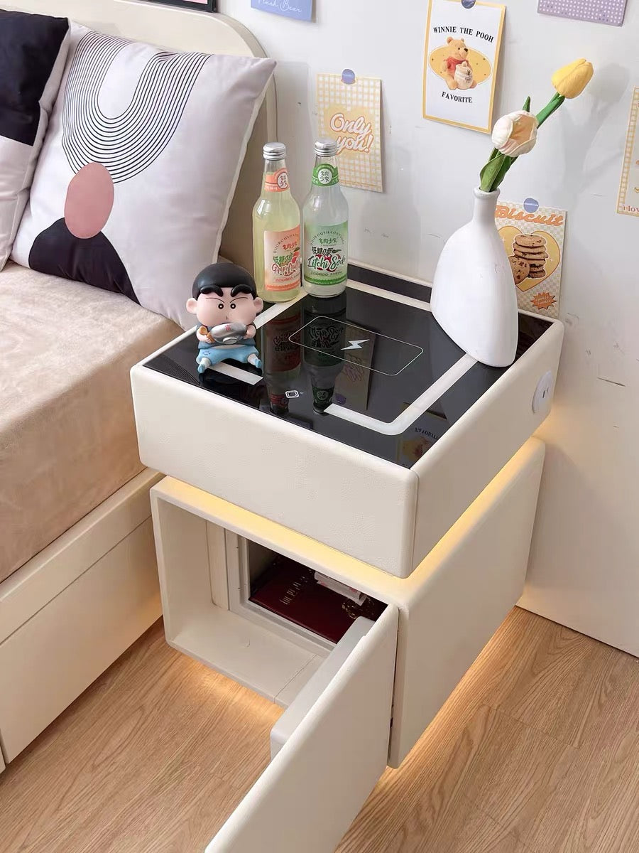 💥Smart bedside table with wireless charging, USB port, safe, and smart speaker; also features voice-controlled lighting.