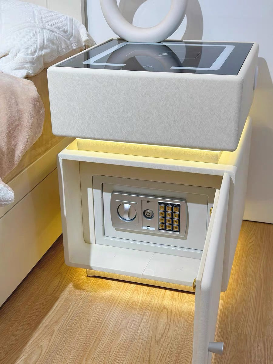 💥Smart bedside table with wireless charging, USB port, safe, and smart speaker; also features voice-controlled lighting.