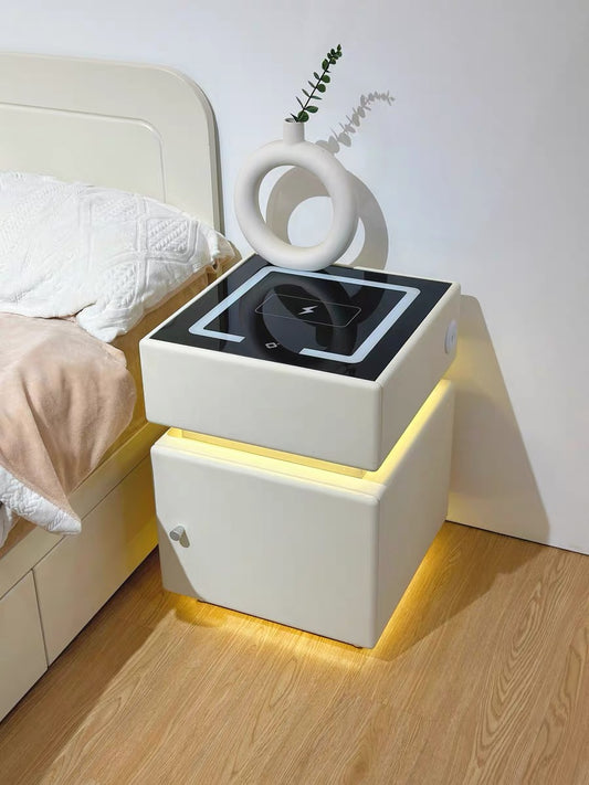 💥Smart bedside table with wireless charging, USB port, safe, and smart speaker; also features voice-controlled lighting.