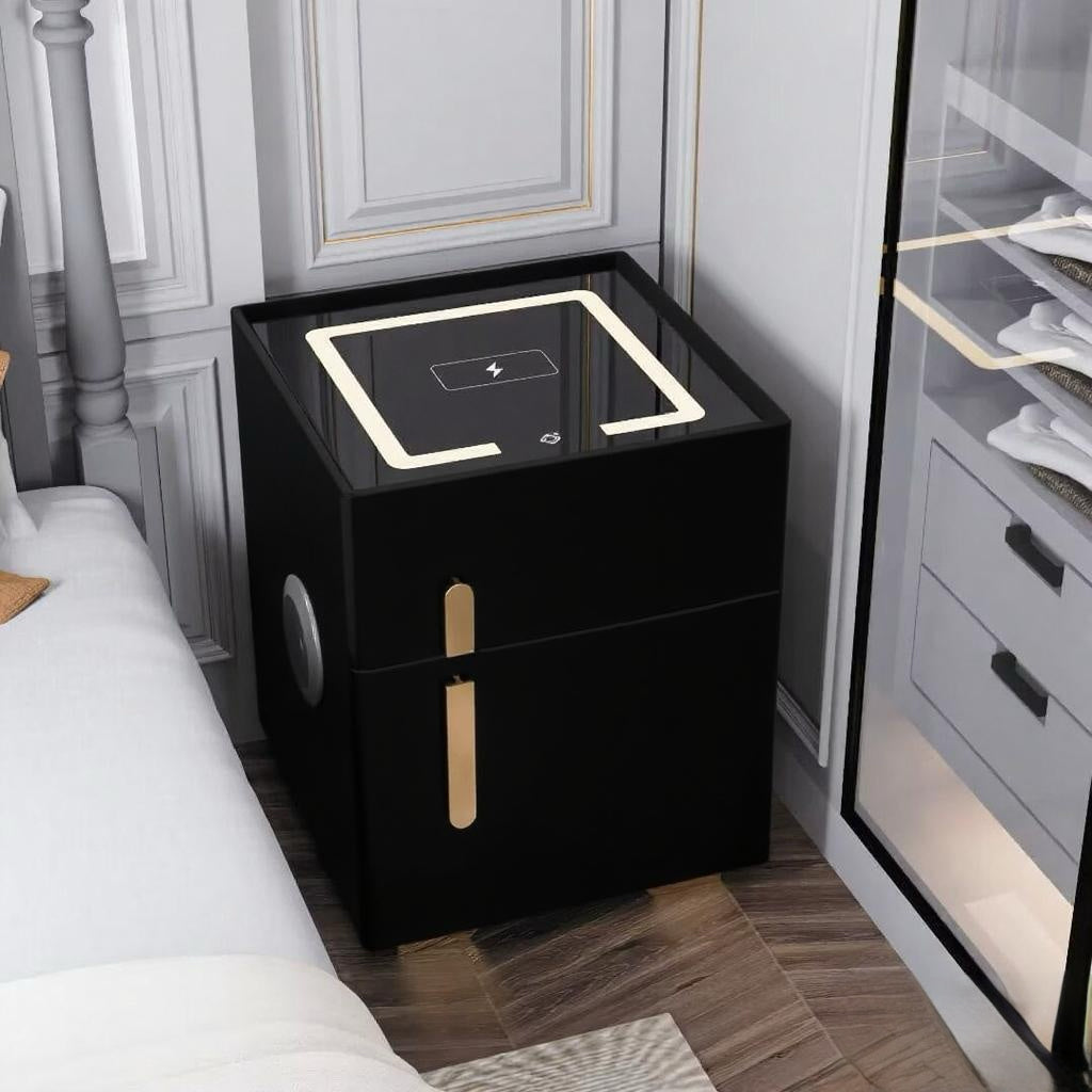 ✨Smart bedside table with speaker and wireless USB charging three-color LED light bedside table, double drawer bedroom bedside table with hidden safe