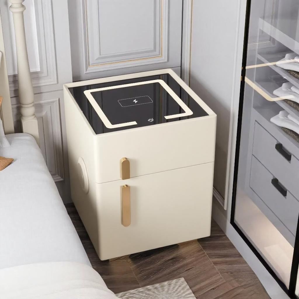 ✨Smart bedside table with speaker and wireless USB charging three-color LED light bedside table, double drawer bedroom bedside table with hidden safe