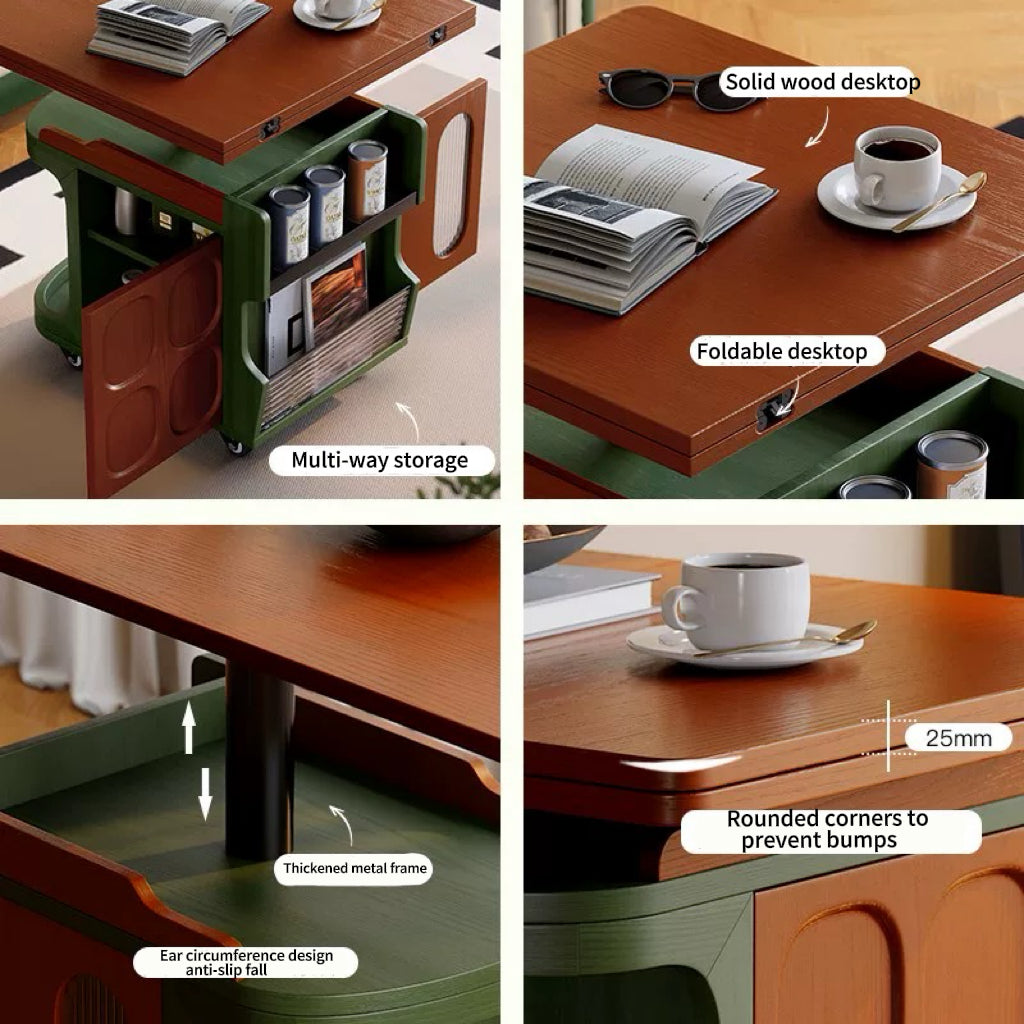 💥Adjustable height wooden coffee table with wheels and storage shelf – a multifunctional folding table suitable for living rooms, offices, and study rooms.