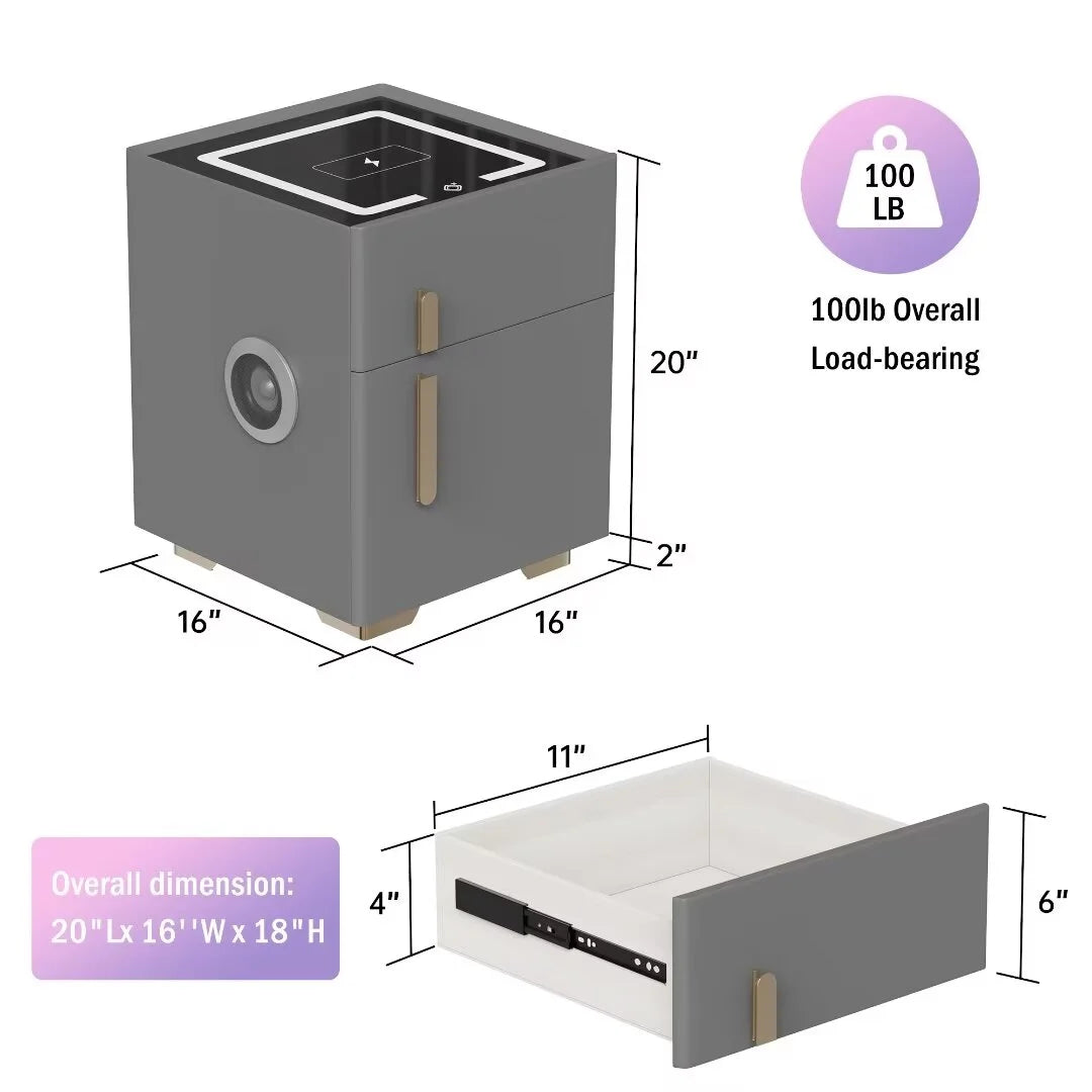✨Smart bedside table with speaker and wireless USB charging three-color LED light bedside table, double drawer bedroom bedside table with hidden safe
