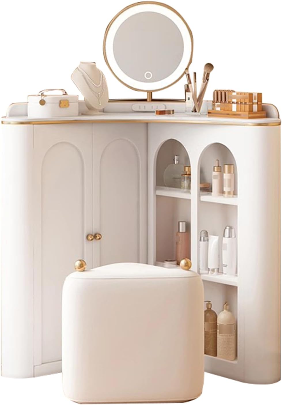 ✨Corner dressing table with mirror, adjustable lighting in 3 brightness settings, a set of drawers, a cabinet and an upholstered stool