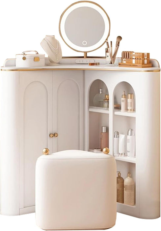 ✨Corner dressing table with mirror, adjustable lighting in 3 brightness settings, a set of drawers, a cabinet and an upholstered stool