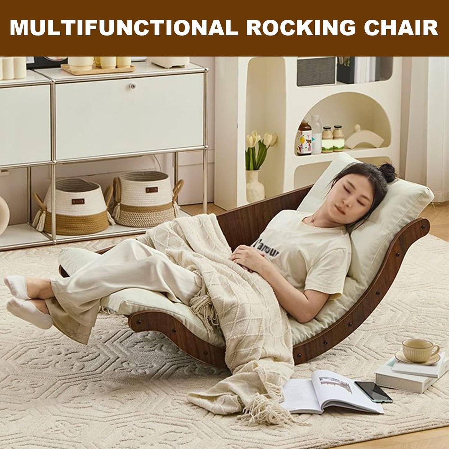 ✨Rocking Recliner Chair, Multifunctional Rocking Recliners, Solid Wood Recliner Rocking Chair with Cushion, Chair Recliner for Bedroom Living Room Balcony