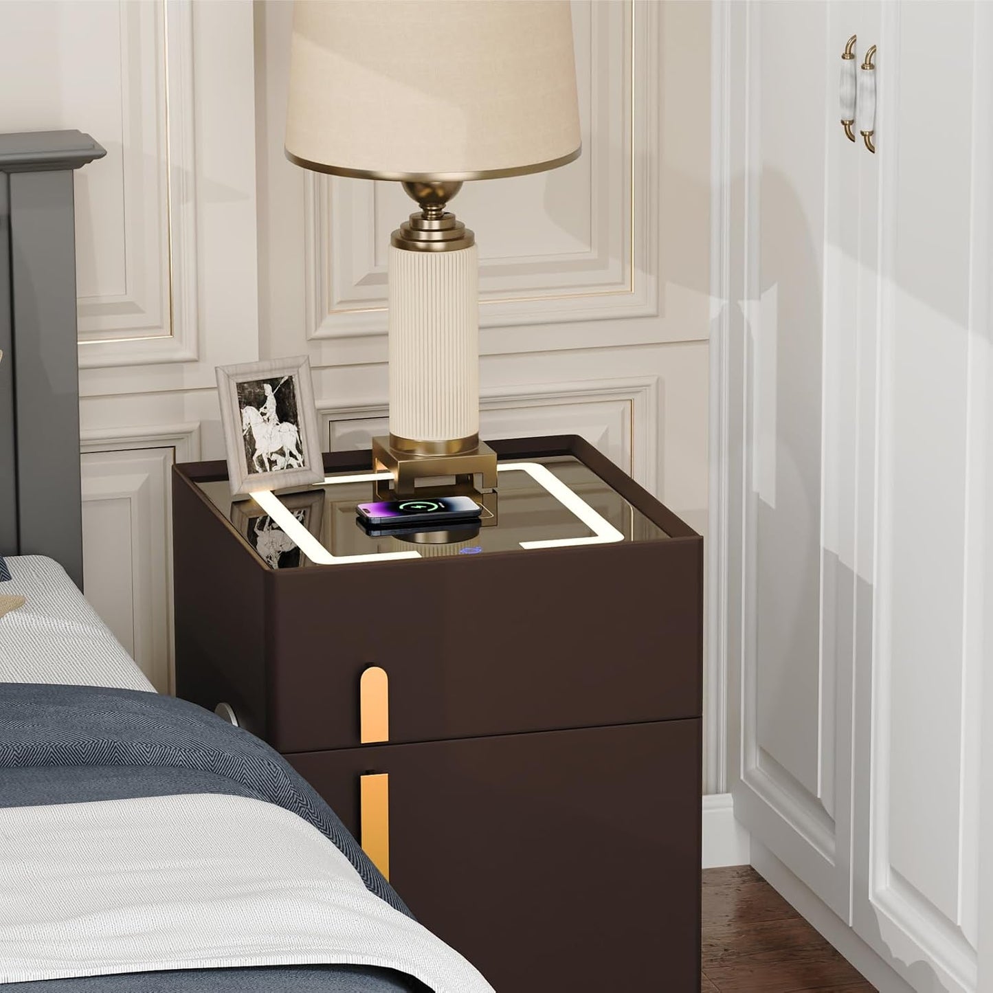 ✨Smart bedside table with speaker and wireless USB charging three-color LED light bedside table, double drawer bedroom bedside table with hidden safe