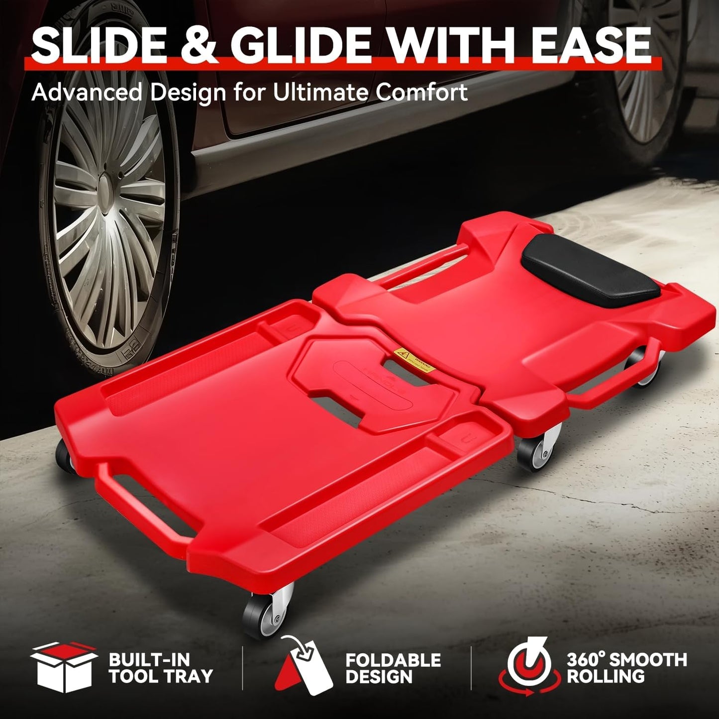 💥Foldable Mechanic's Track Cart, Auto Garage Repair Low Profile Bottom Rolling Track Cart with Padded Headrest and Dual Tool Trays, 41 Inch