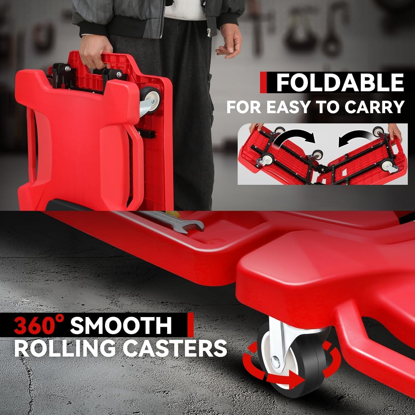 💥Foldable Mechanic's Track Cart, Auto Garage Repair Low Profile Bottom Rolling Track Cart with Padded Headrest and Dual Tool Trays, 41 Inch