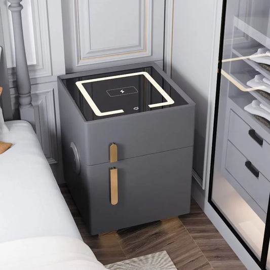 ✨Smart bedside table with speaker and wireless USB charging three-color LED light bedside table, double drawer bedroom bedside table with hidden safe