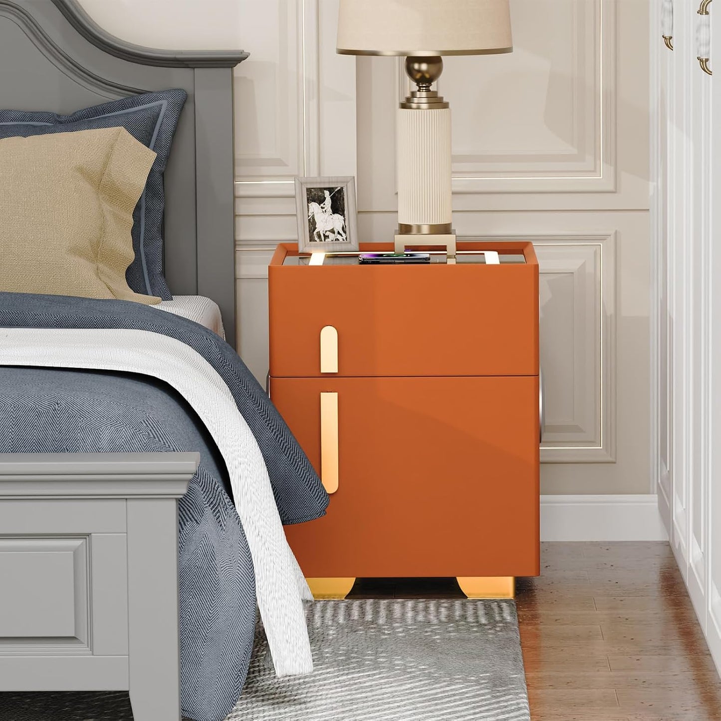 ✨Smart bedside table with speaker and wireless USB charging three-color LED light bedside table, double drawer bedroom bedside table with hidden safe