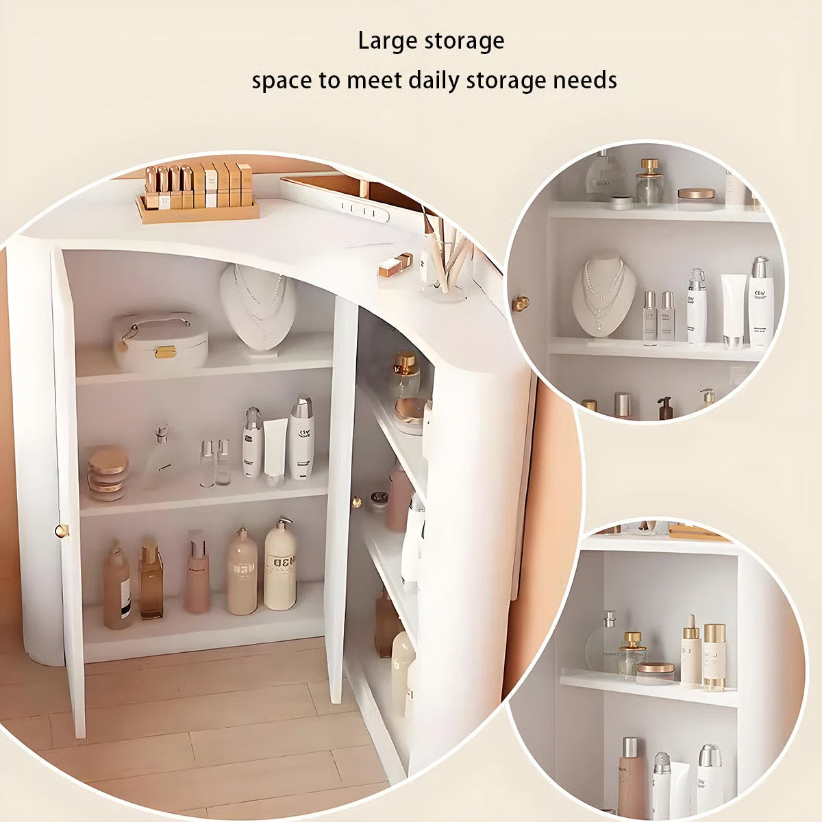 ✨Corner dressing table with mirror, adjustable lighting in 3 brightness settings, a set of drawers, a cabinet and an upholstered stool