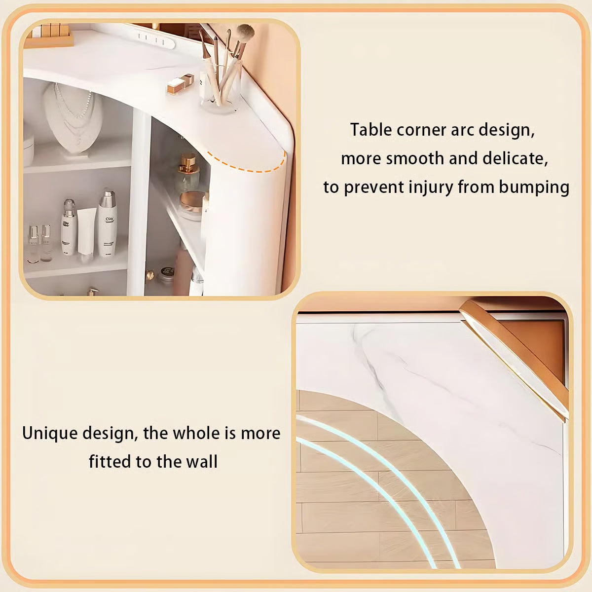 ✨Corner dressing table with mirror, adjustable lighting in 3 brightness settings, a set of drawers, a cabinet and an upholstered stool