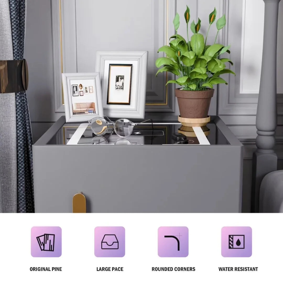 ✨Smart bedside table with speaker and wireless USB charging three-color LED light bedside table, double drawer bedroom bedside table with hidden safe