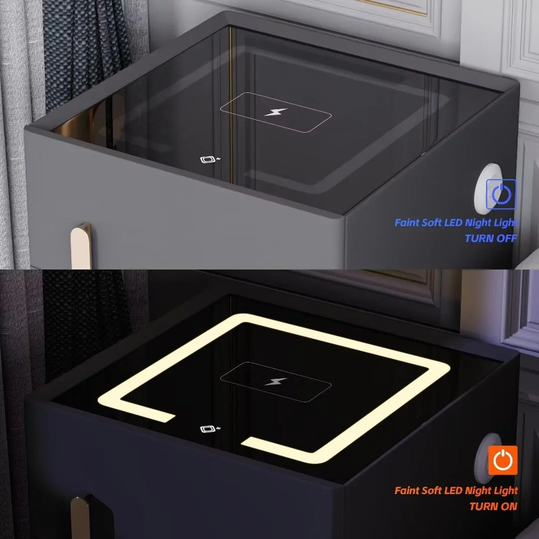 ✨Smart bedside table with speaker and wireless USB charging three-color LED light bedside table, double drawer bedroom bedside table with hidden safe
