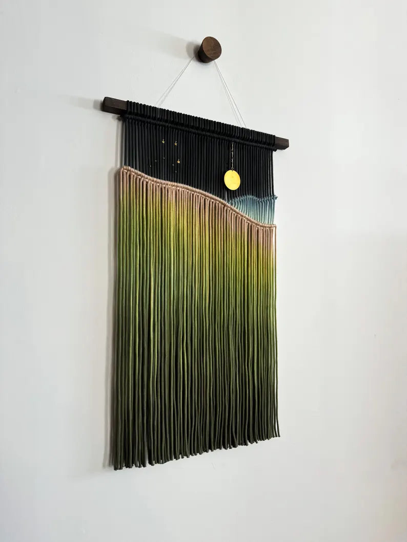 🌅Constellation Macrame Wall Hanging: Zodiac Fiber Art with Brass Moon