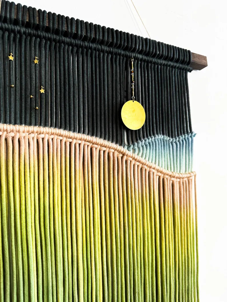 🌅Constellation Macrame Wall Hanging: Zodiac Fiber Art with Brass Moon