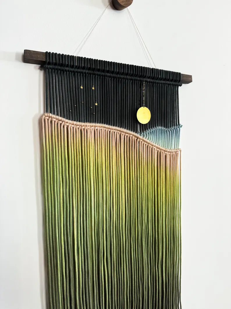 🌅Constellation Macrame Wall Hanging: Zodiac Fiber Art with Brass Moon