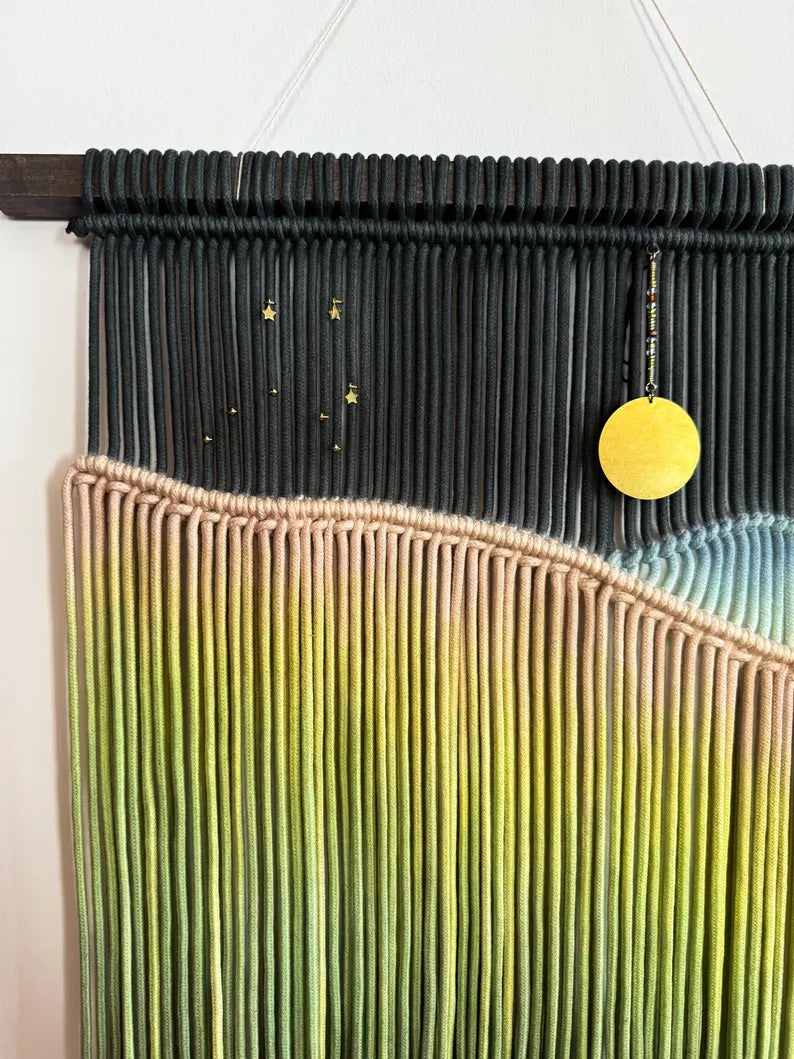 🌅Constellation Macrame Wall Hanging: Zodiac Fiber Art with Brass Moon