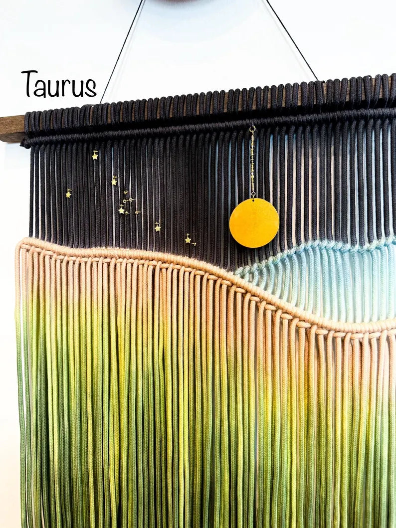 🌅Constellation Macrame Wall Hanging: Zodiac Fiber Art with Brass Moon